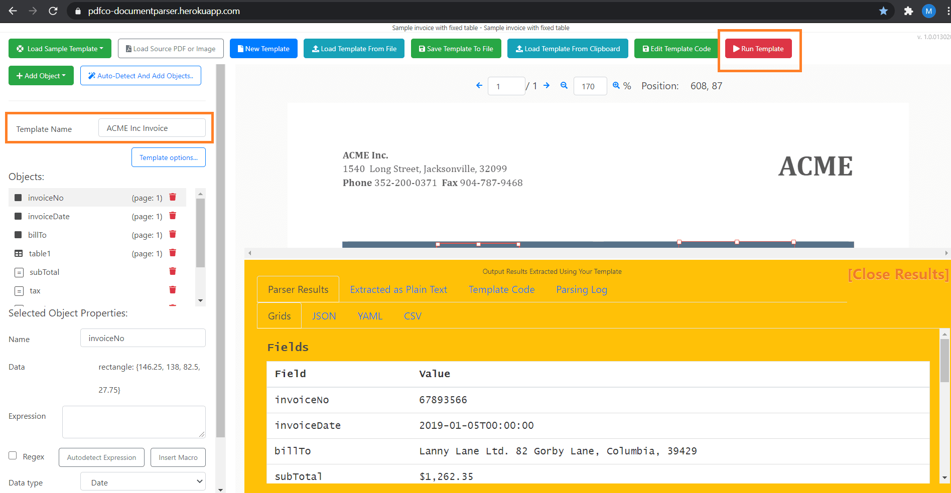 Output Of Invoice Document Parser Template