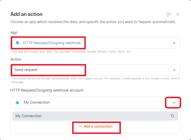 Screenshot of adding an action