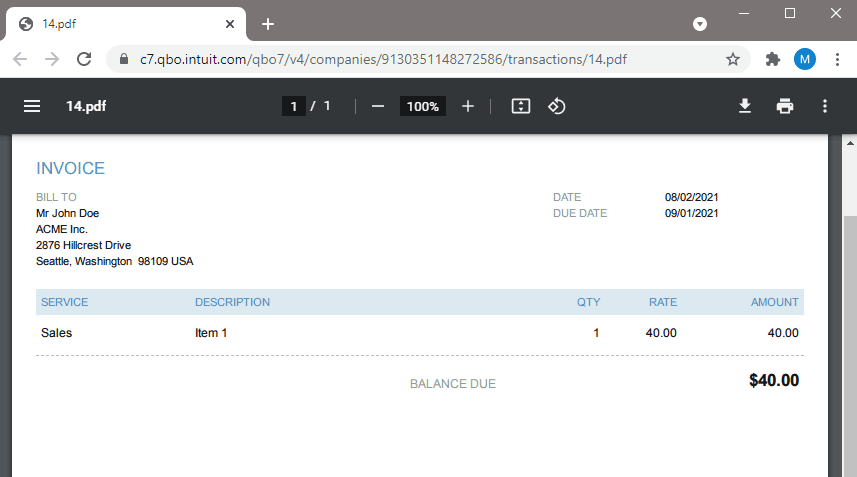 Screenshot of created QuickBooks Online Invoice