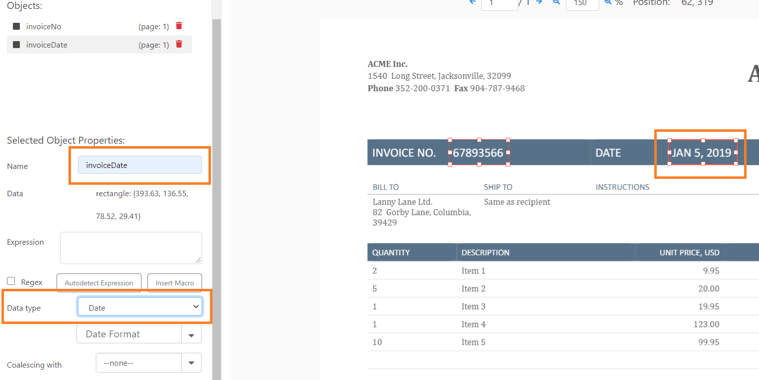 Extract Invoice Date Using Field From Rectangle Object
